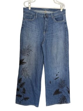 Chicos High Rise Wide Leg  Blue Jeans Blue Floral Print Denim  Size 14 R 2.5